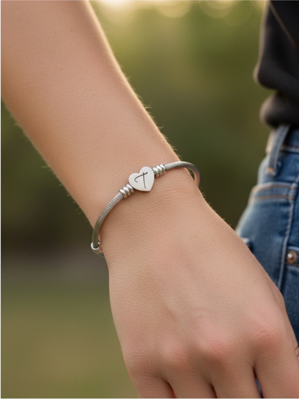 Silver Heart Initial 'T' Cable Bracelet - Women Jewelry